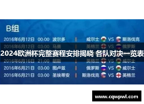 2024欧洲杯完整赛程安排揭晓 各队对决一览表